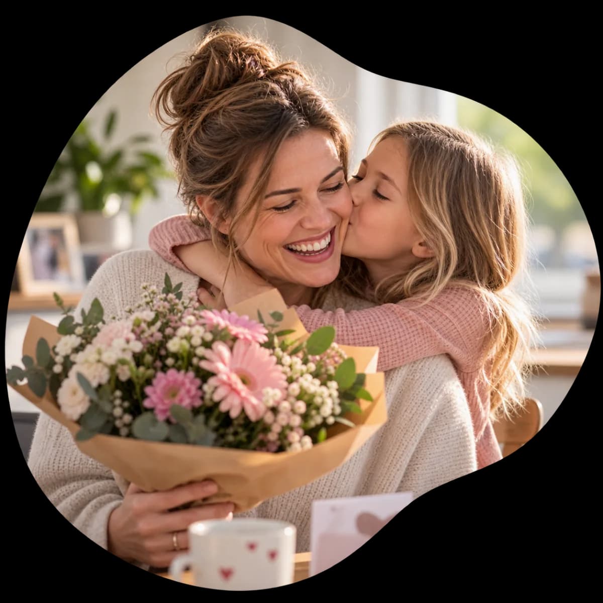 Een dochter geeft haar mama bloemen en een kus