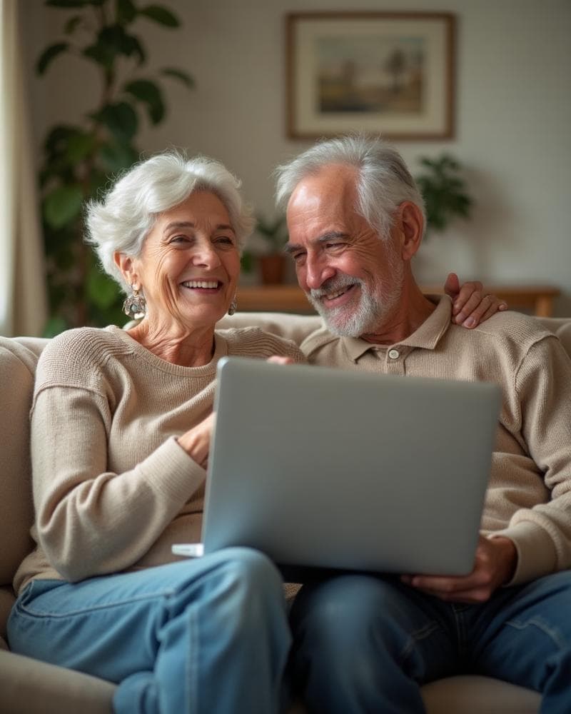 Eltern schauen lächelnd gemeinsam auf die Wunschseite auf dem Laptop