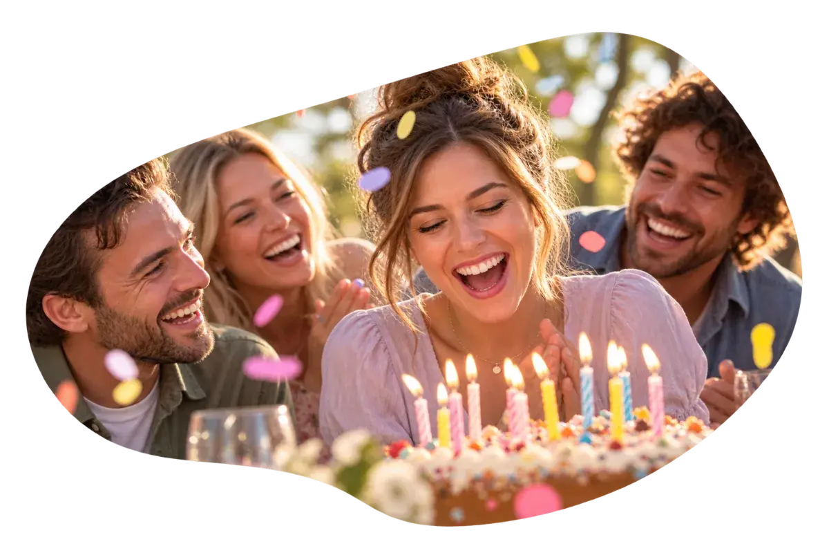 Friends celebrating a birthday with a cake