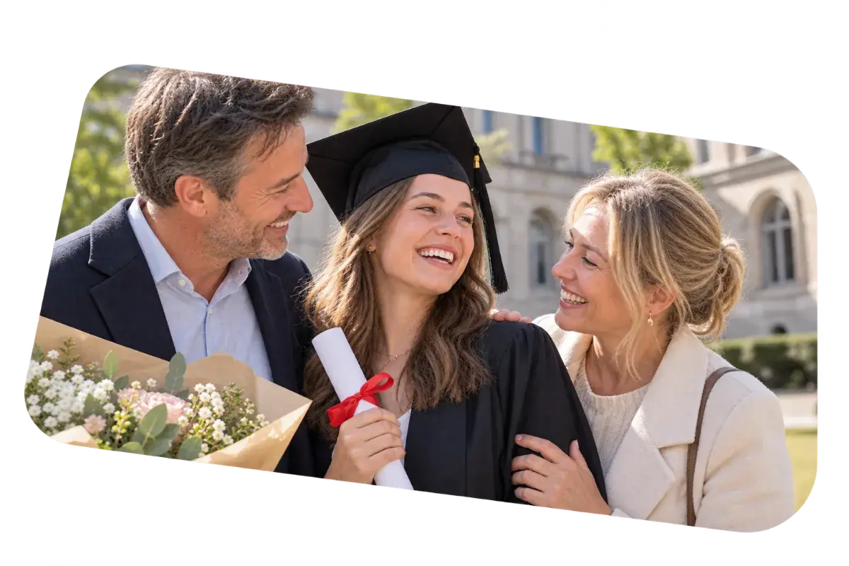 A graduate with her parents