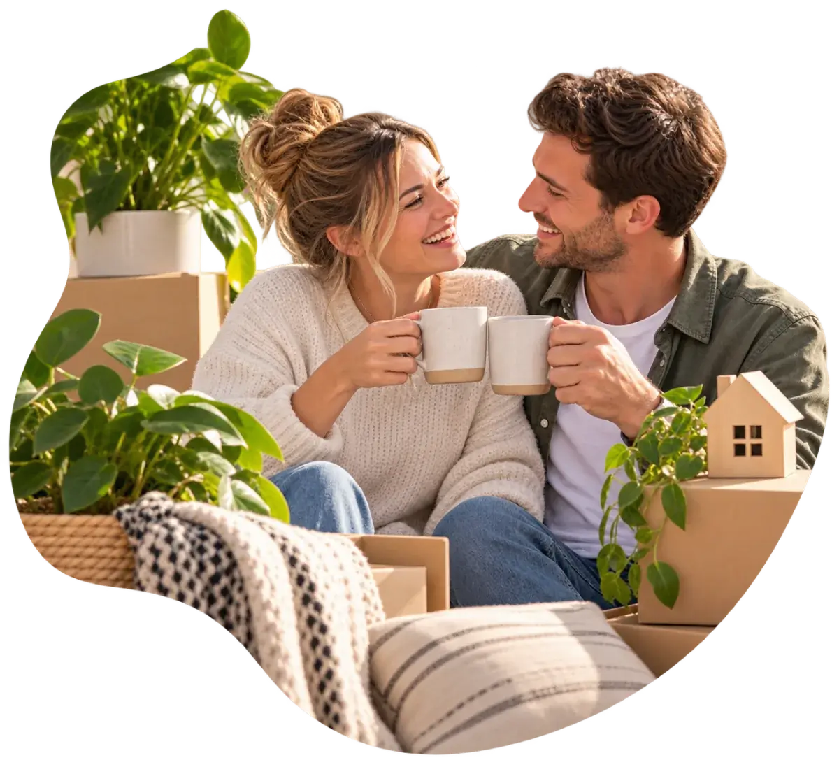 A couple toasting among moving boxes in their new house