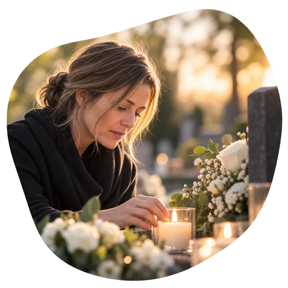 Someone placing a candle at a grave