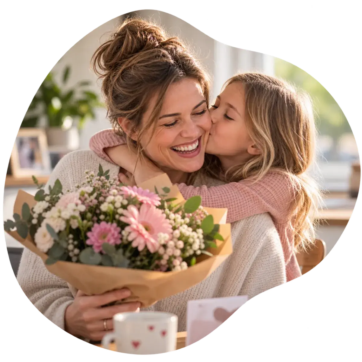 A daughter giving her mum flowers and a kiss