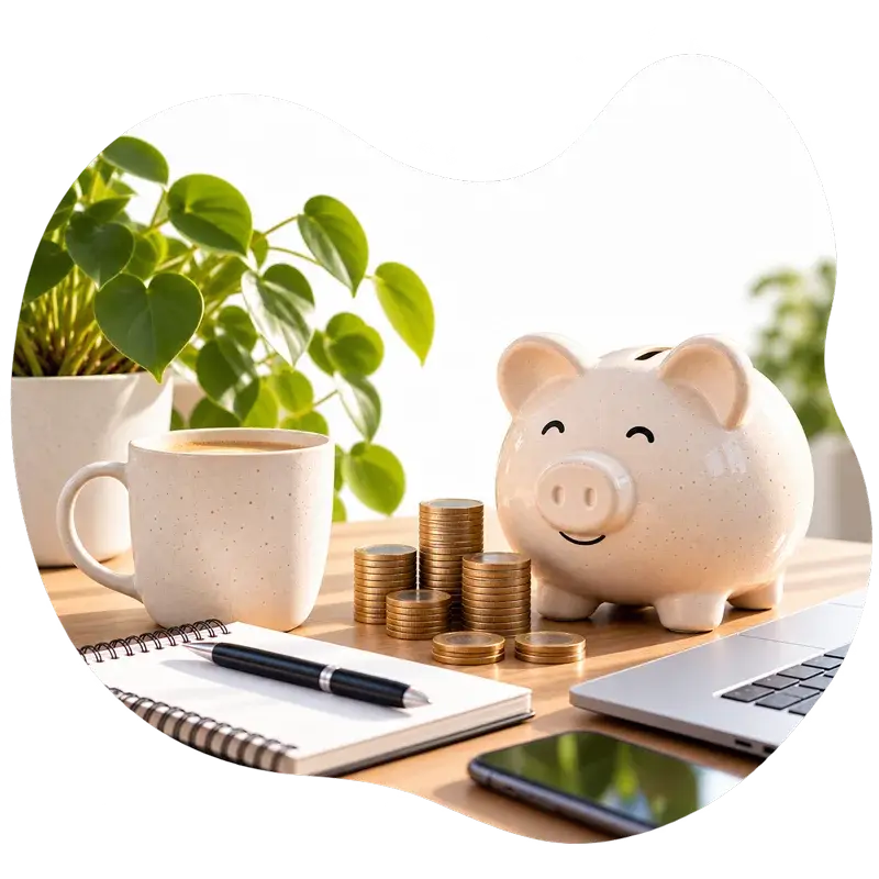A piggy bank, coins and a laptop on a desk