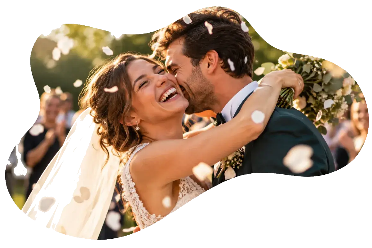 A newlywed couple in confetti