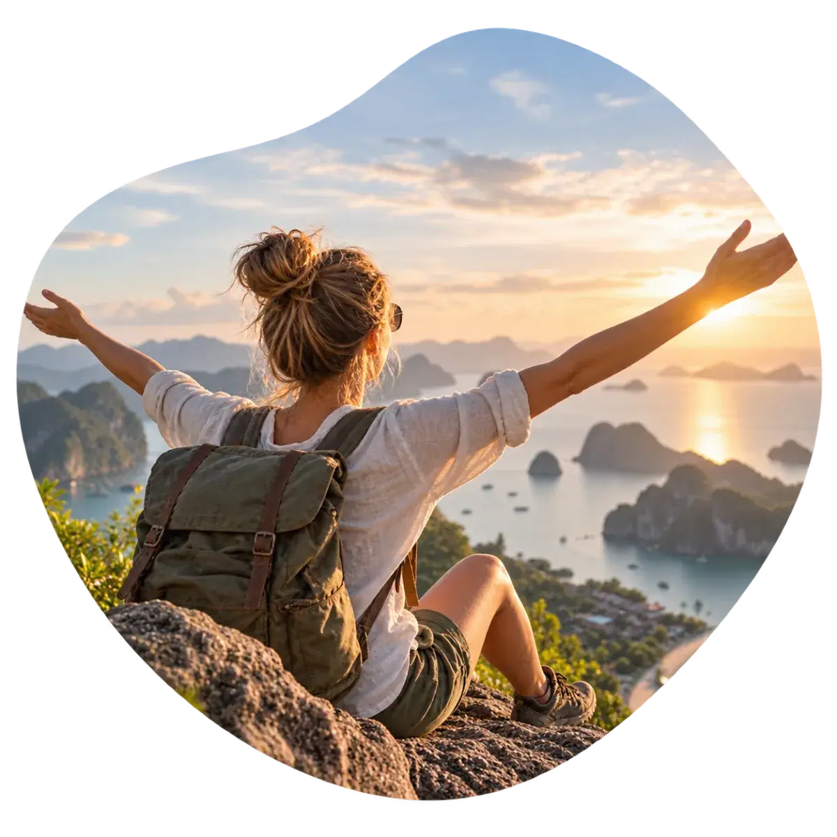 A traveller looking out over a bay at sunrise